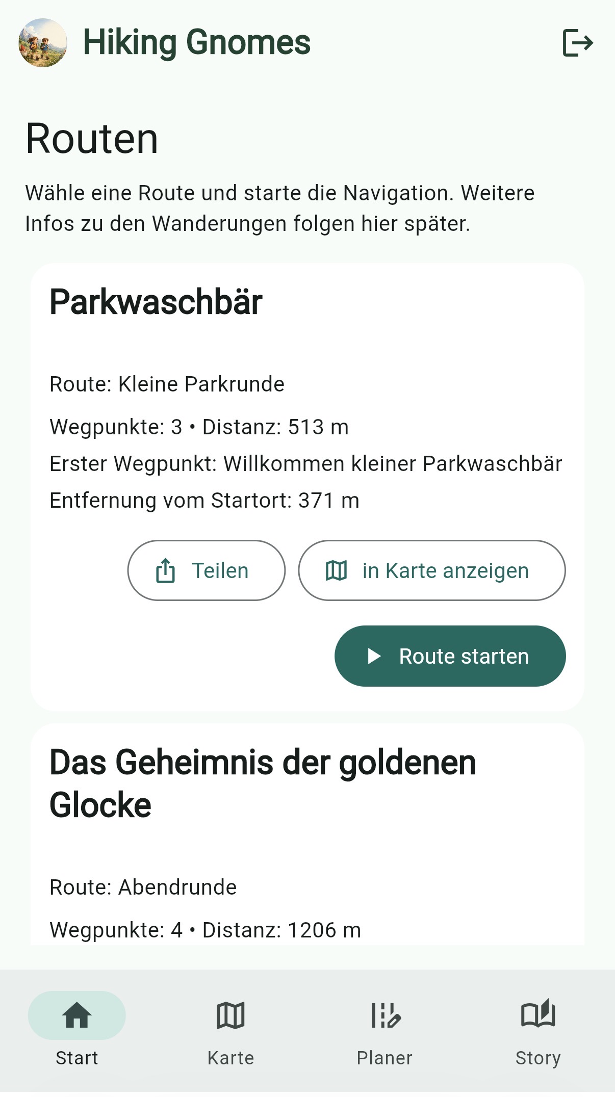 Hiking Gnomes App Screenshot der Routenübersicht im Start-Tab