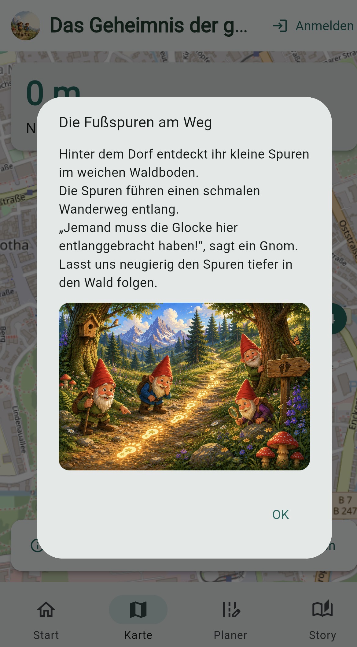Hiking Gnomes App Screenshot eines Wegpunkts mit Story-Bild und Erzähltext