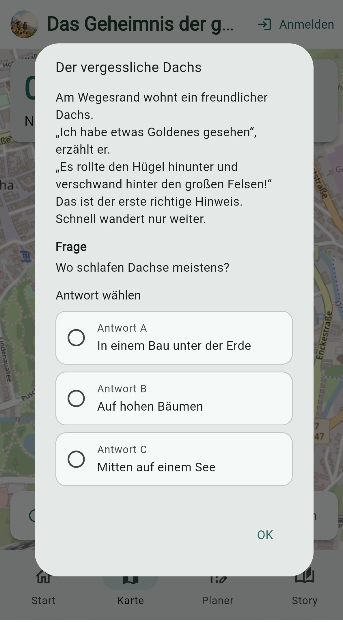 Hiking Gnomes App Screenshot eines Wegpunkts mit Quiz und drei Antwortoptionen